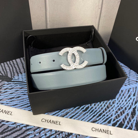CHANEL 25S BELT 30 MM IN GREY BLUE CALFSKIN WITH SILVER HARDWARE 615102 - 30