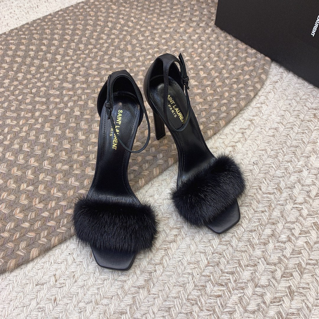 HIGH HEELS SQUARE TOE IN BLACK MINK FUR - 35
