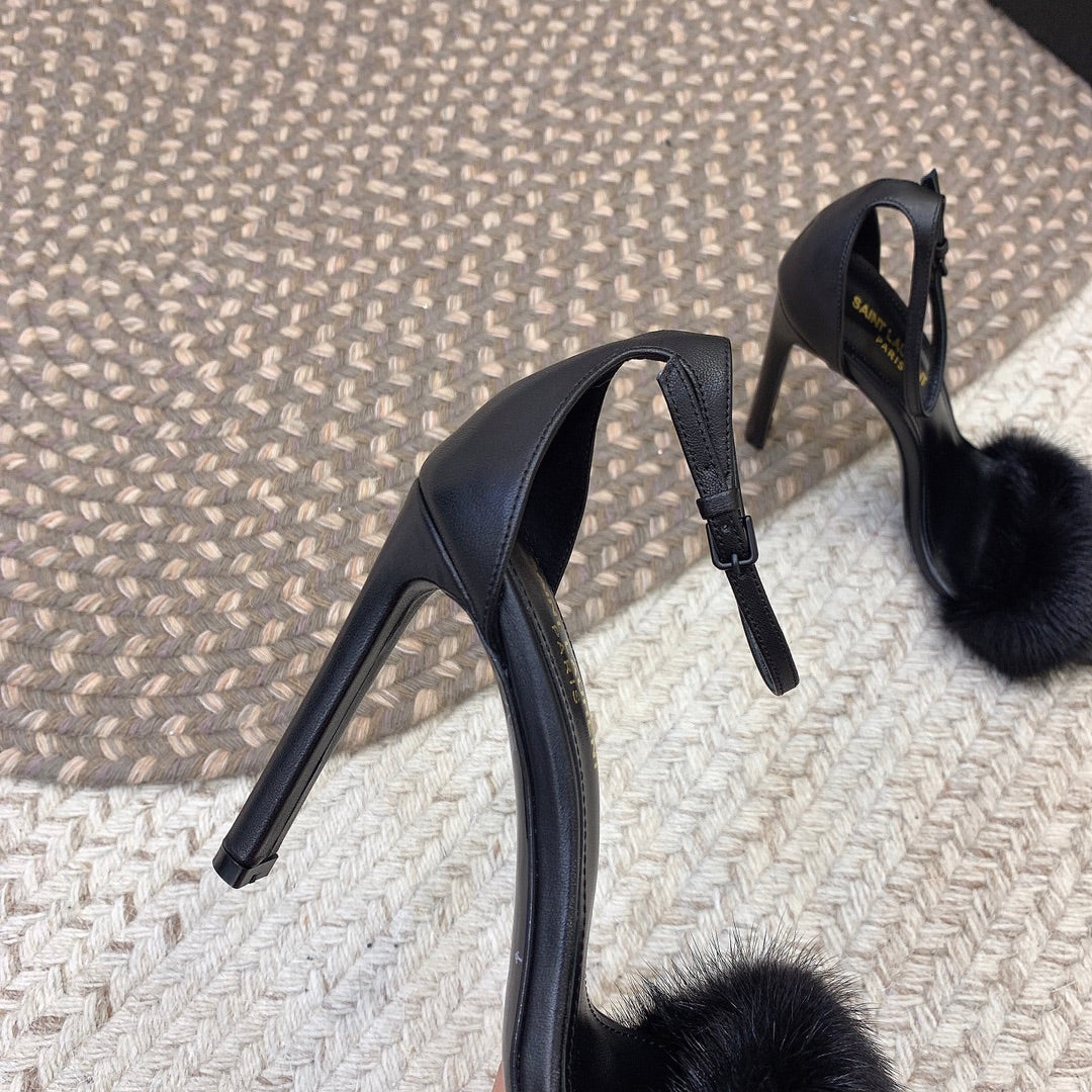 HIGH HEELS SQUARE TOE IN BLACK MINK FUR - 35