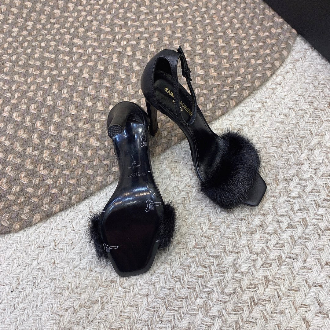HIGH HEELS SQUARE TOE IN BLACK MINK FUR - 35
