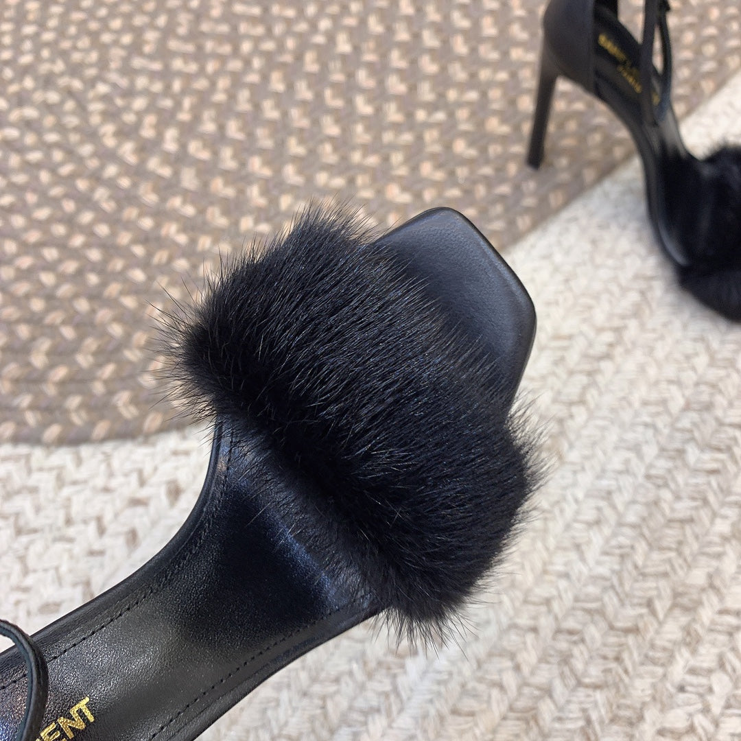 HIGH HEELS SQUARE TOE IN BLACK MINK FUR - 35
