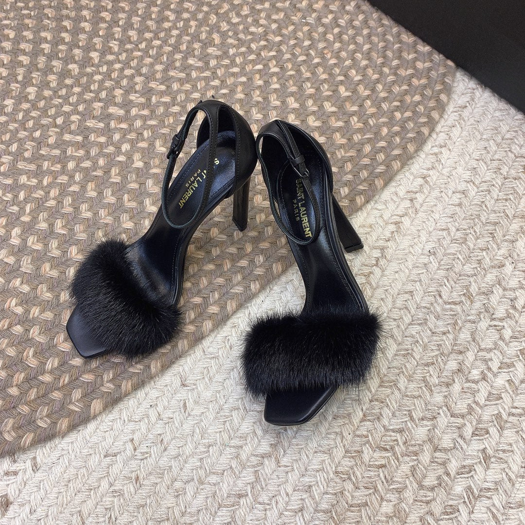 HIGH HEELS SQUARE TOE IN BLACK MINK FUR - 35