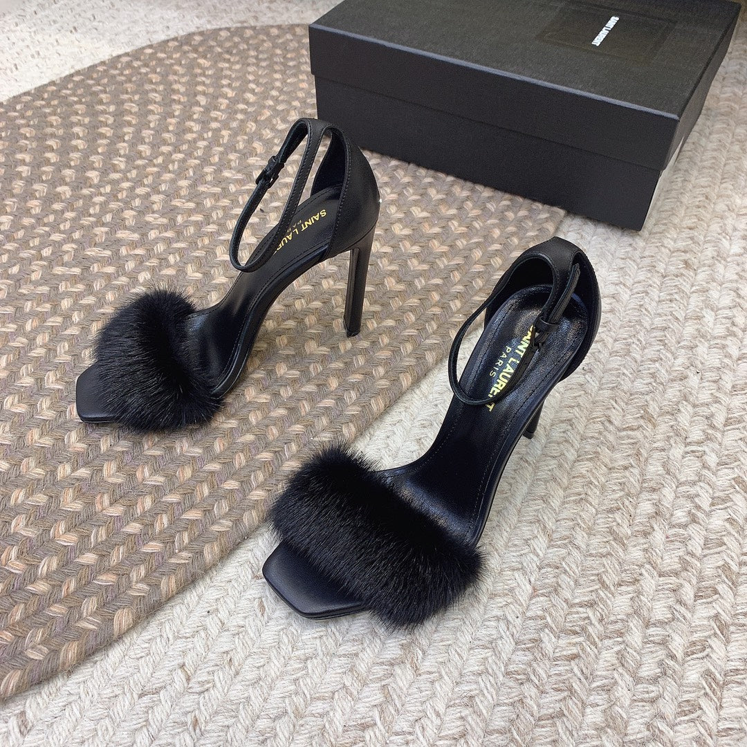 HIGH HEELS SQUARE TOE IN BLACK MINK FUR - 35