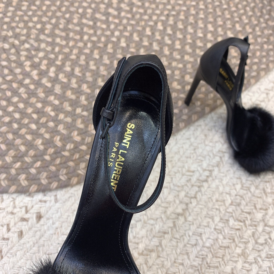 HIGH HEELS SQUARE TOE IN BLACK MINK FUR - 35