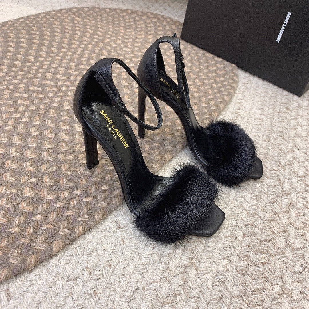 HIGH HEELS SQUARE TOE IN BLACK MINK FUR - 35