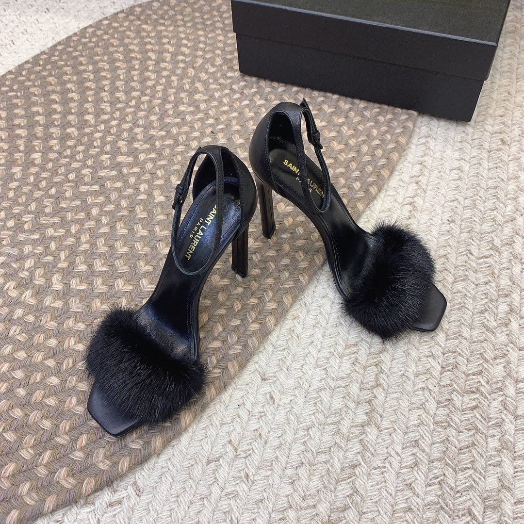 HIGH HEELS SQUARE TOE IN BLACK MINK FUR - 35
