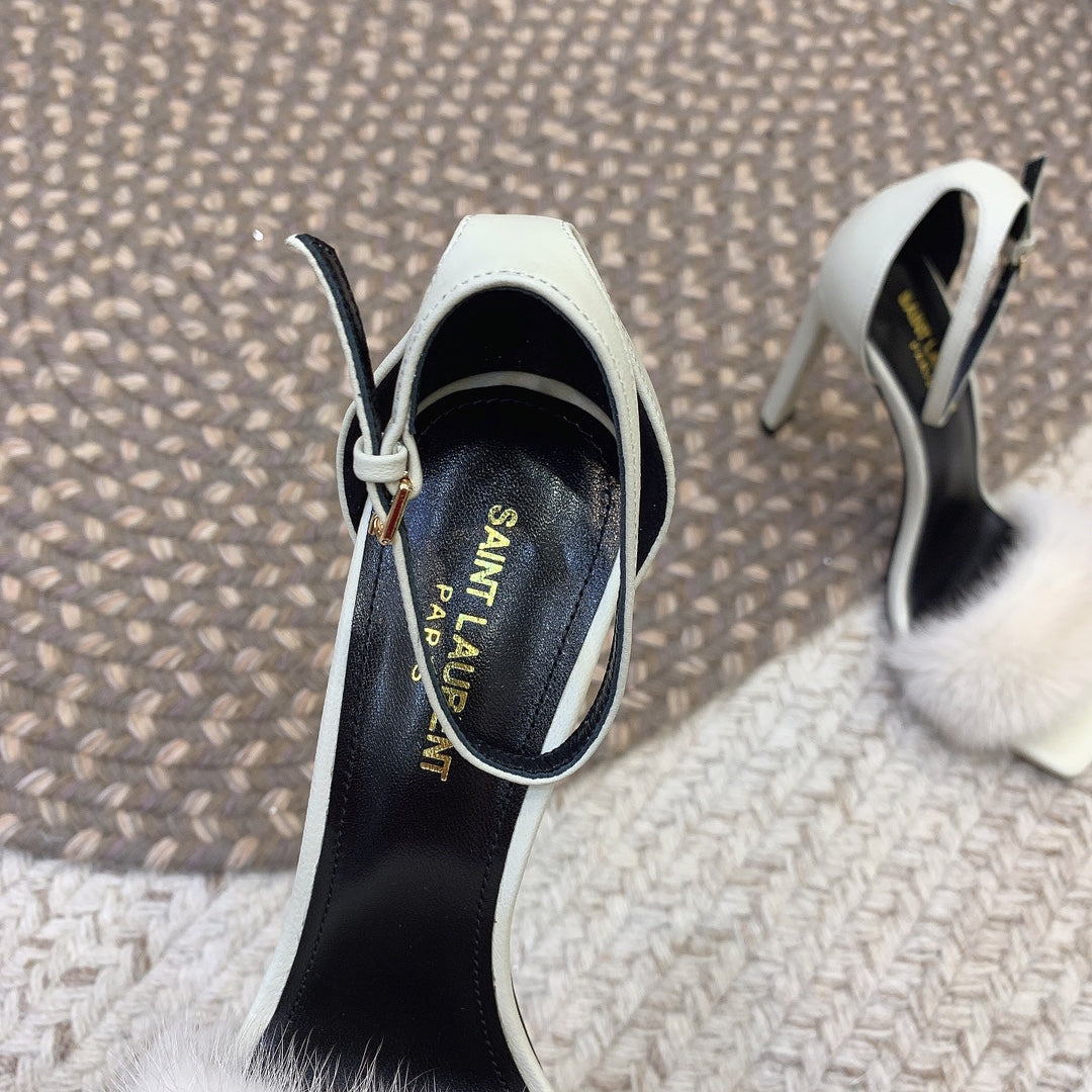 HIGH HEELS SQUARE TOE IN WHITE MINK FUR - 35