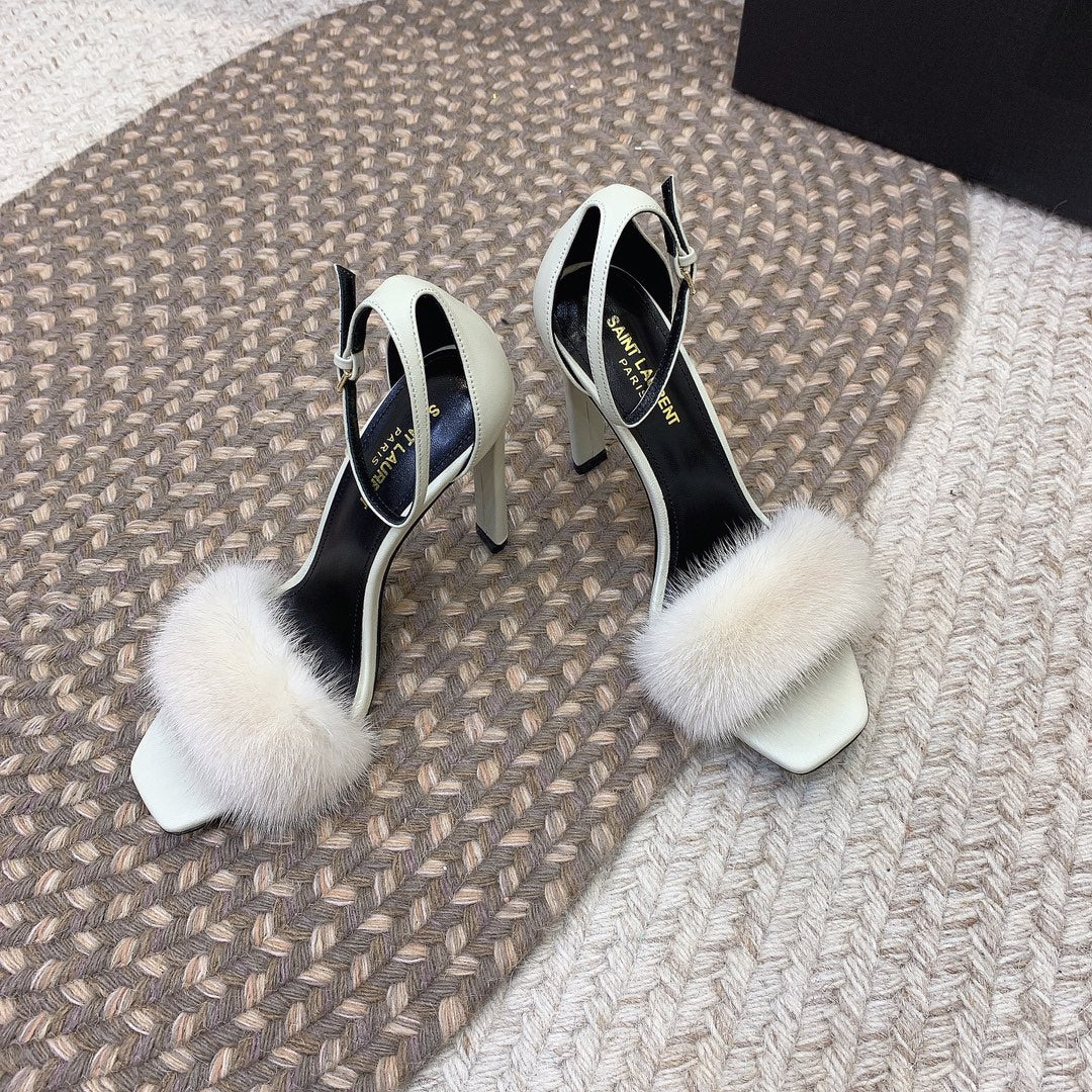 HIGH HEELS SQUARE TOE IN WHITE MINK FUR - 35