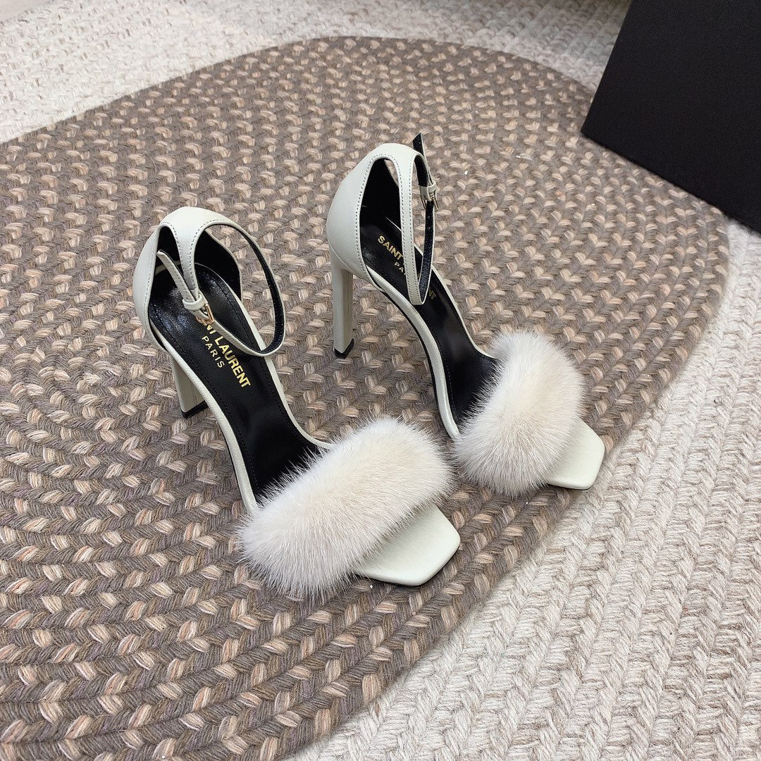 HIGH HEELS SQUARE TOE IN WHITE MINK FUR - 35
