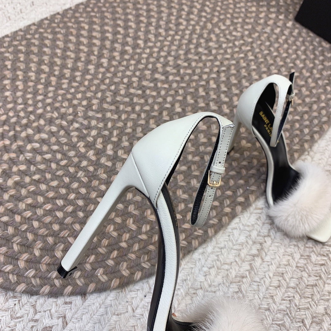 HIGH HEELS SQUARE TOE IN WHITE MINK FUR - 35