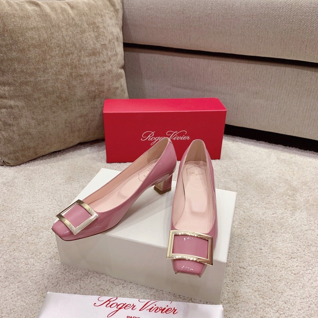 BELLE VIVIER PUMPS IN PASTEL PINK GLOSSY CALFSKIN GOLD BUCKLE - 34
