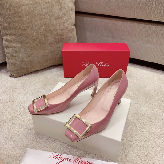 BELLE VIVIER PUMPS IN PASTEL PINK GLOSSY CALFSKIN GOLD BUCKLE - 34
