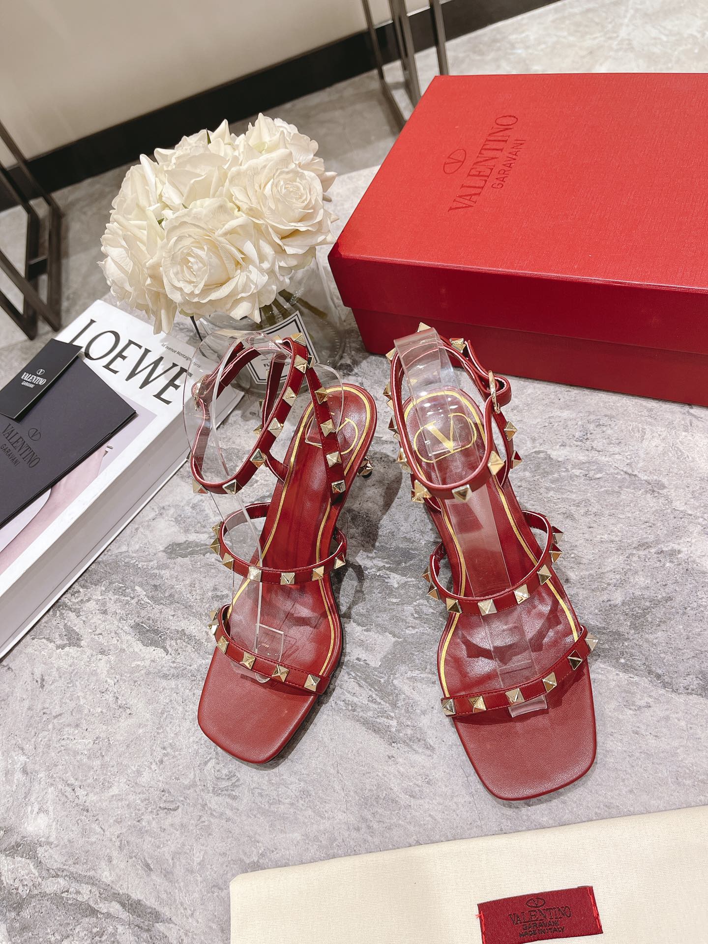 HIGH HEEL 6 CM SANDAL IN RUBY RED LAMBSKIN WITH STUDS - 34