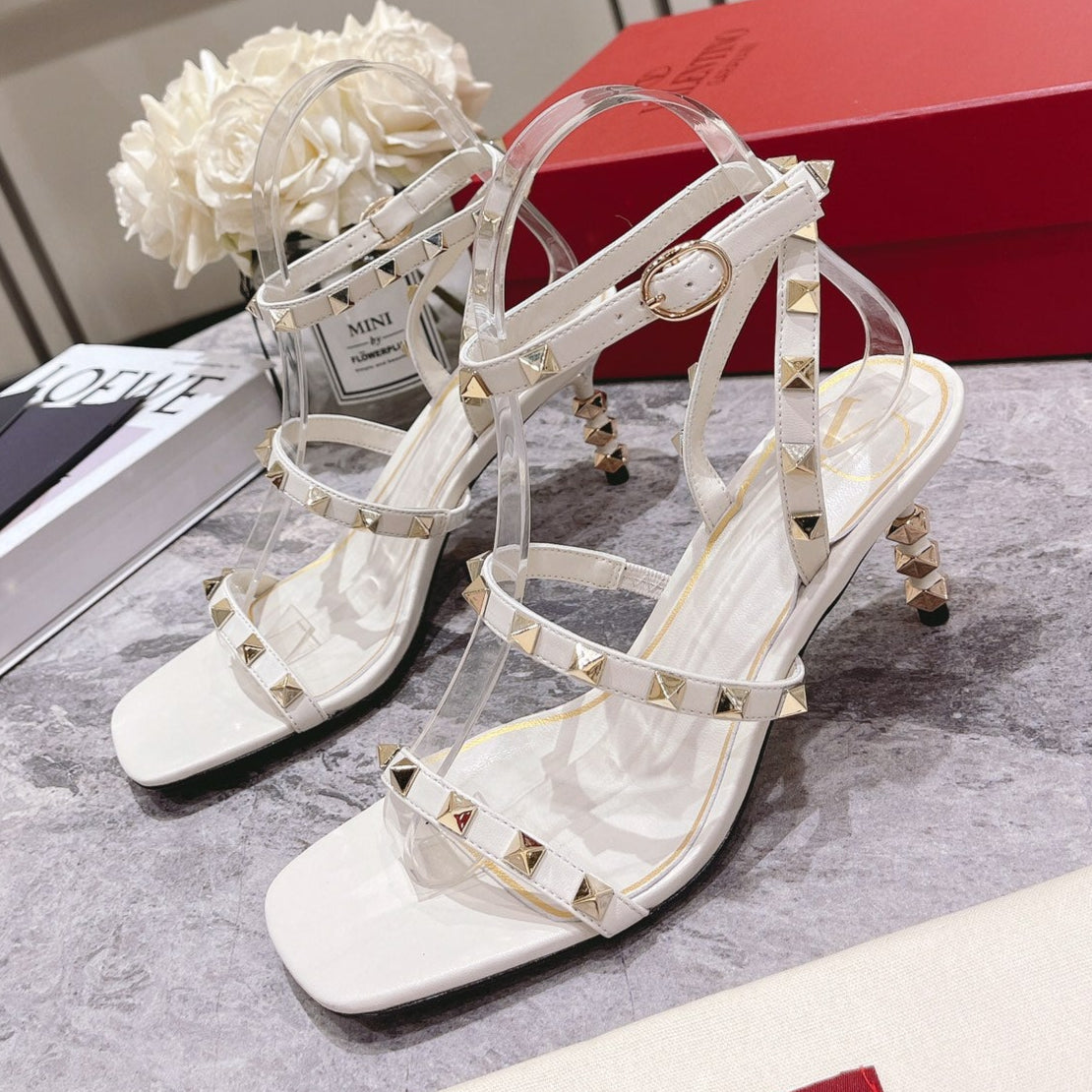 HIGH HEEL 6 CM SANDAL IN WHITE LAMBSKIN WITH STUDS - 34