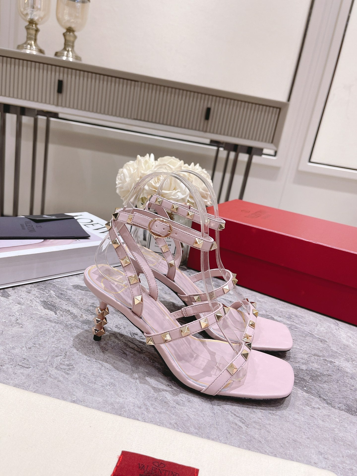 HIGH HEEL 6 CM SANDAL IN LIGHT PINK LAMBSKIN WITH STUDS - 34