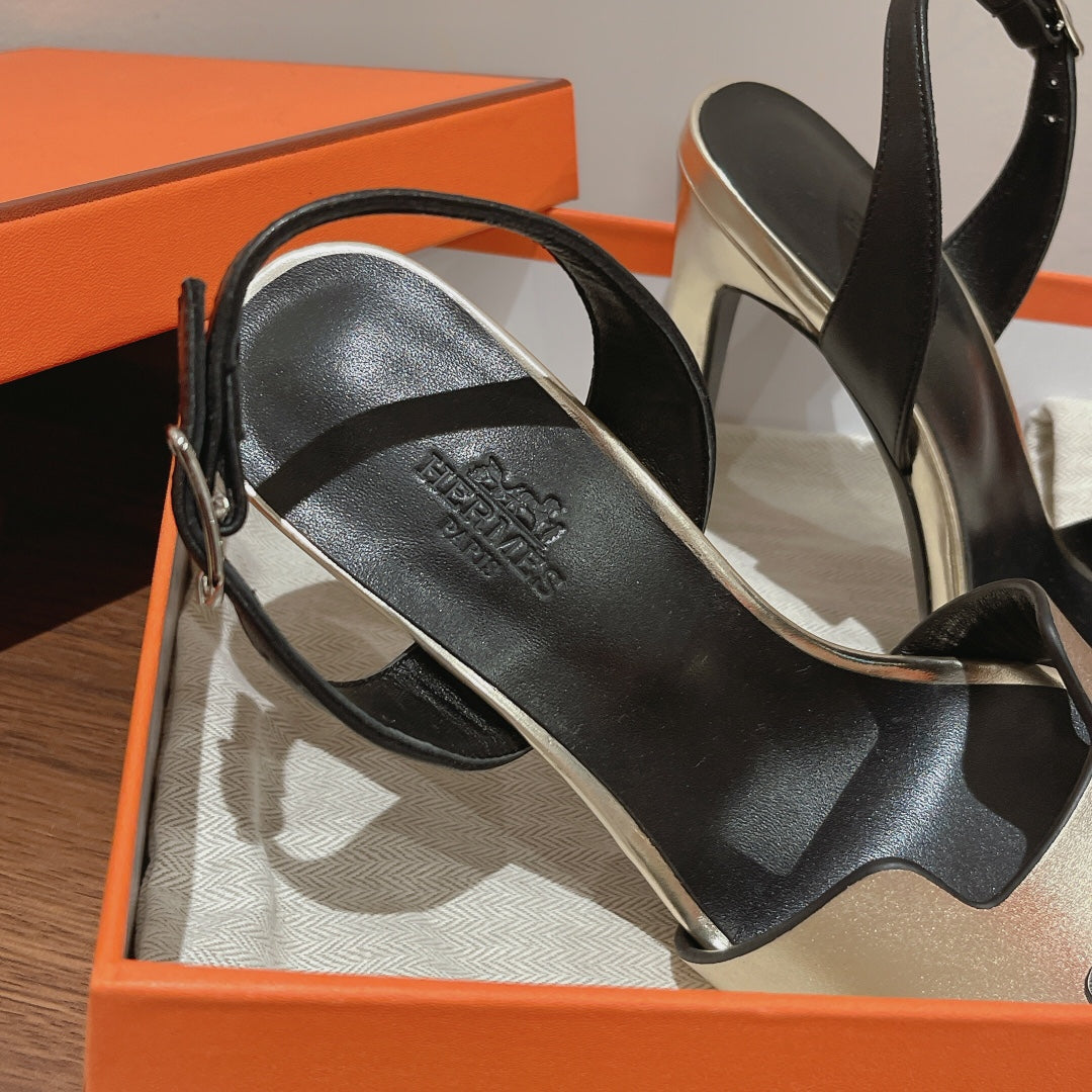 SLINGBACK SANDAL ETERNITE 105 BLACK MIX SILVER LAMBSKIN - 35