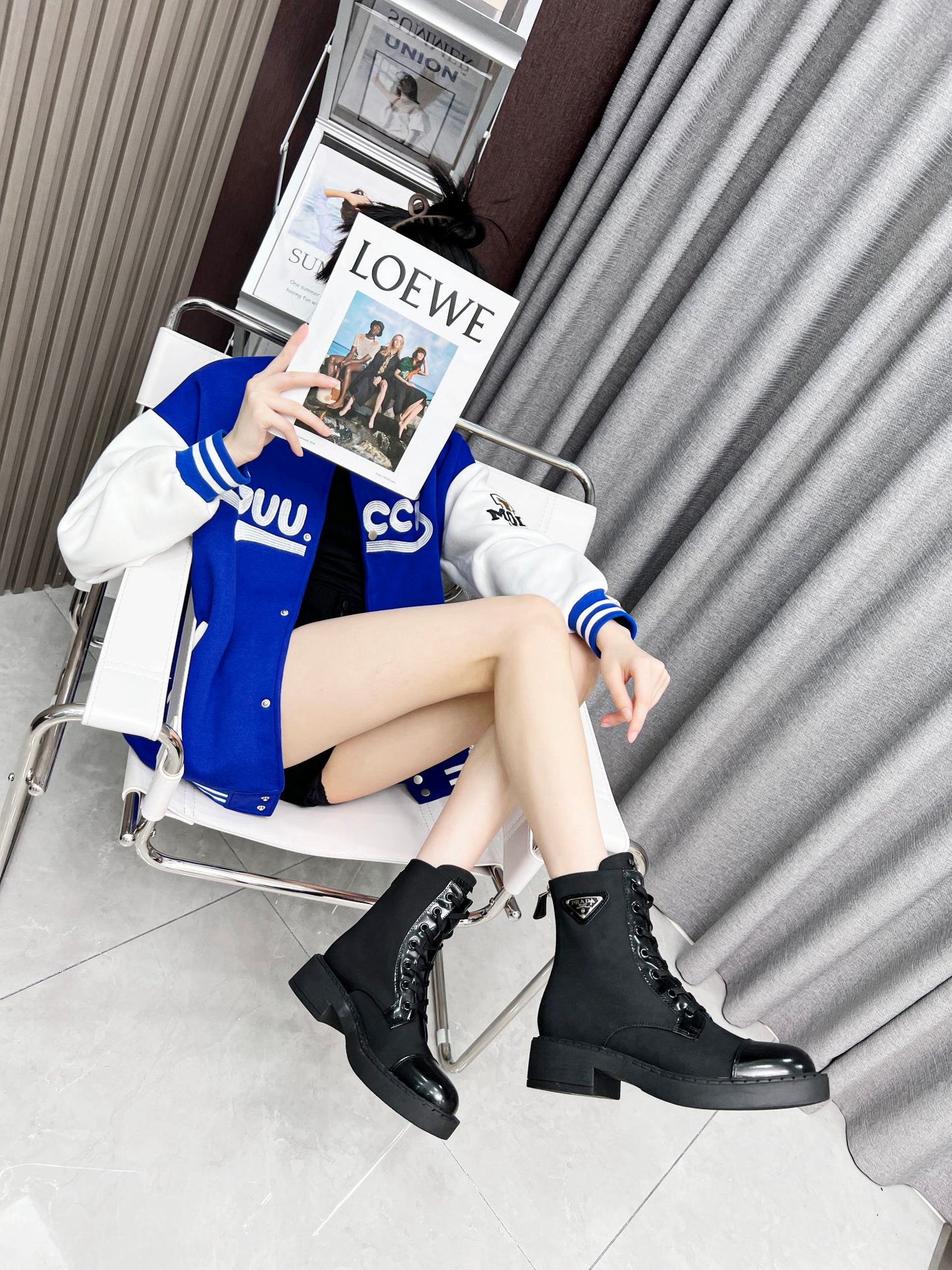 LACE-UP ANKLE BOOTS IN BLACK DENIM AND SHEEPSKIN LINING - 35
