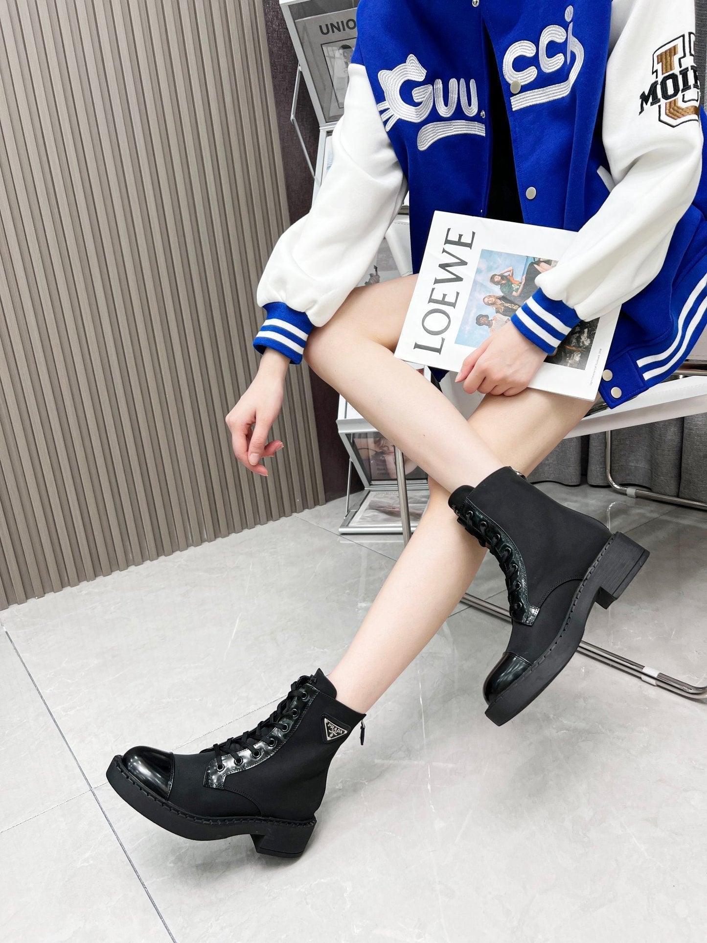 LACE-UP ANKLE BOOTS IN BLACK DENIM AND SHEEPSKIN LINING - 35