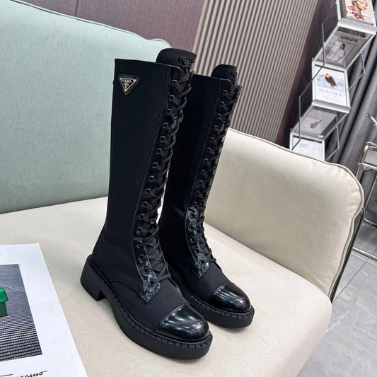LACE-UP KNEE BOOTS IN BLACK DENIM AND SHEEPSKIN LINING - 35