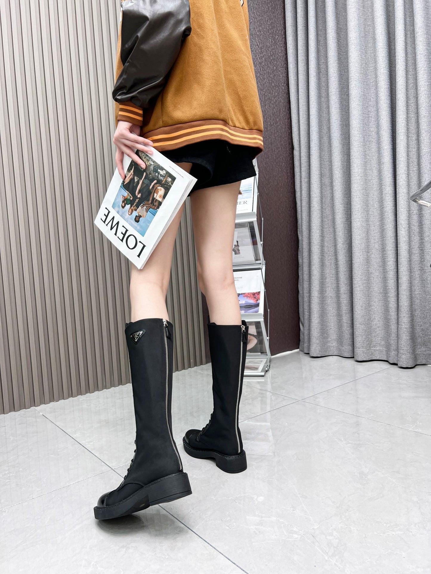 LACE-UP KNEE BOOTS IN BLACK DENIM AND SHEEPSKIN LINING - 35