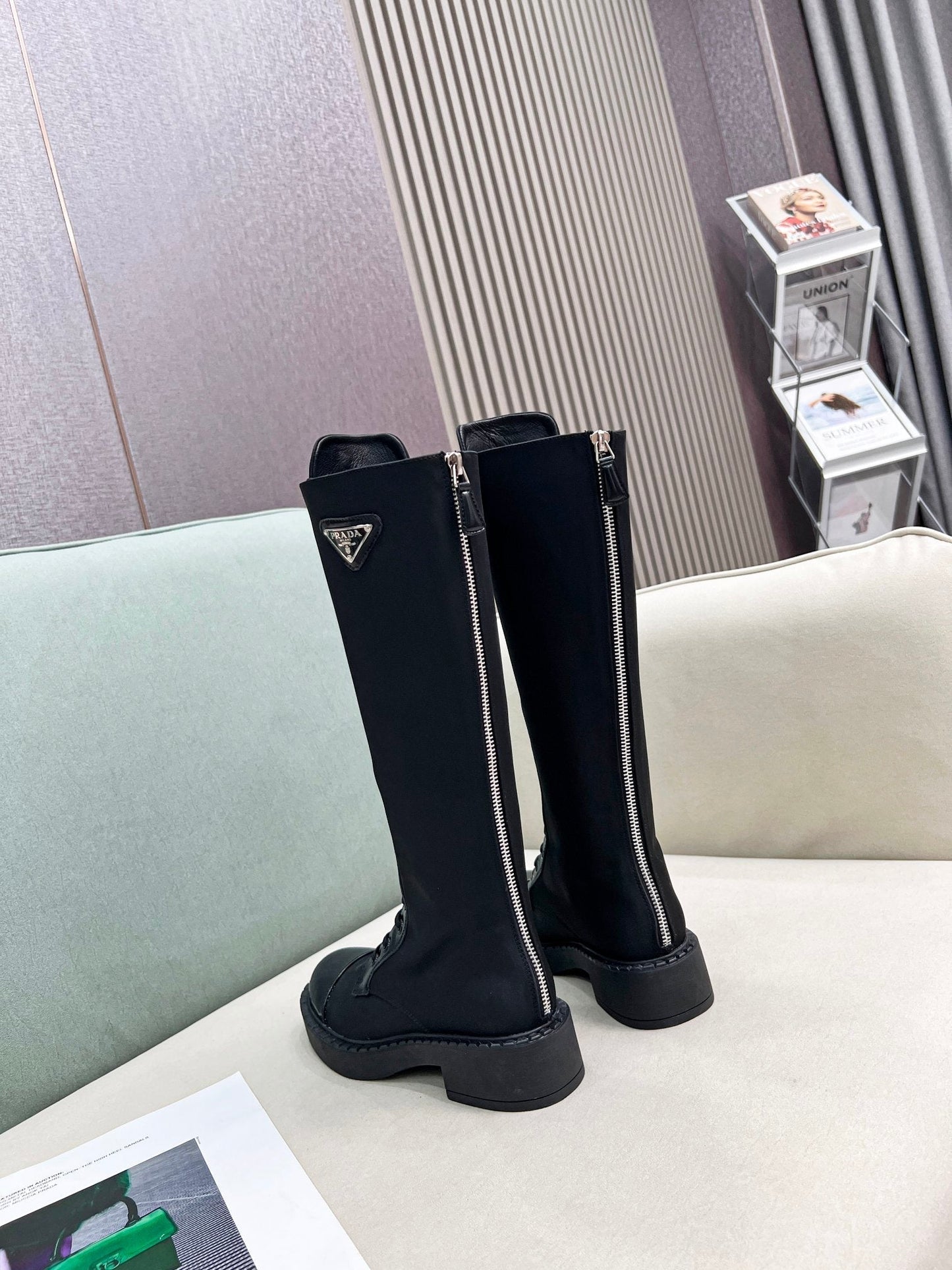 LACE-UP KNEE BOOTS IN BLACK DENIM AND SHEEPSKIN LINING - 35