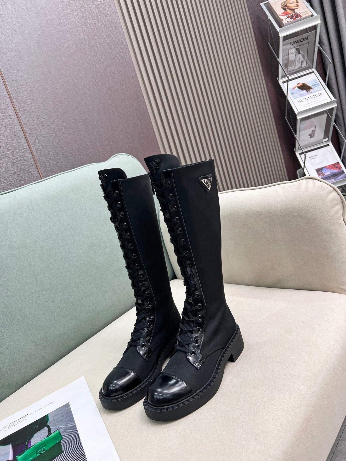LACE-UP KNEE BOOTS IN BLACK DENIM AND SHEEPSKIN LINING - 35