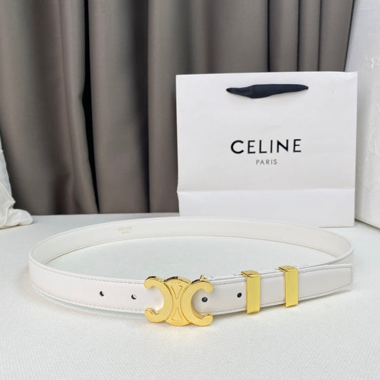 Medium Triomphe Belt 25mm White Calfskin Gold Loop Ghw - 30