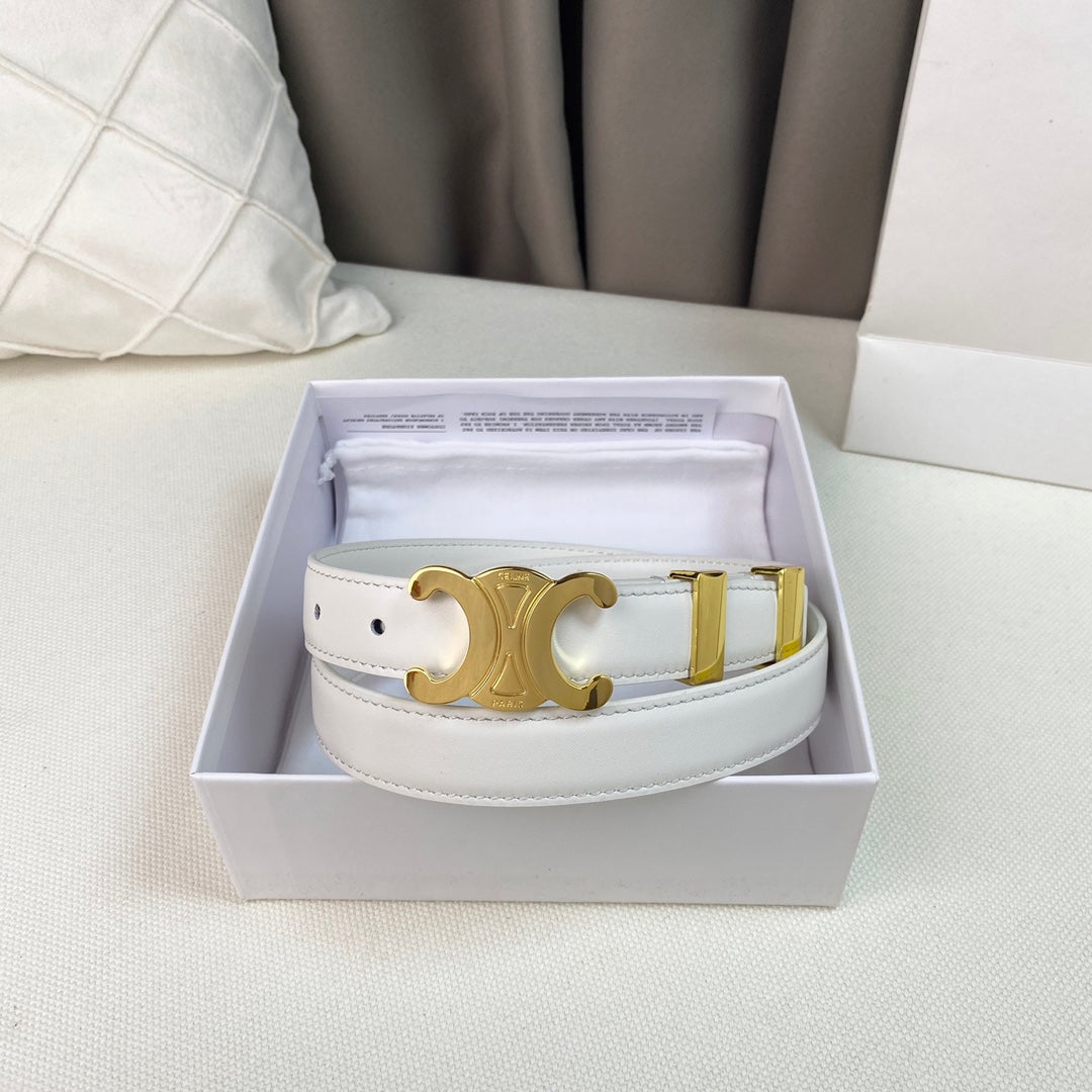 Medium Triomphe Belt 25mm White Calfskin Gold Loop Ghw - 30