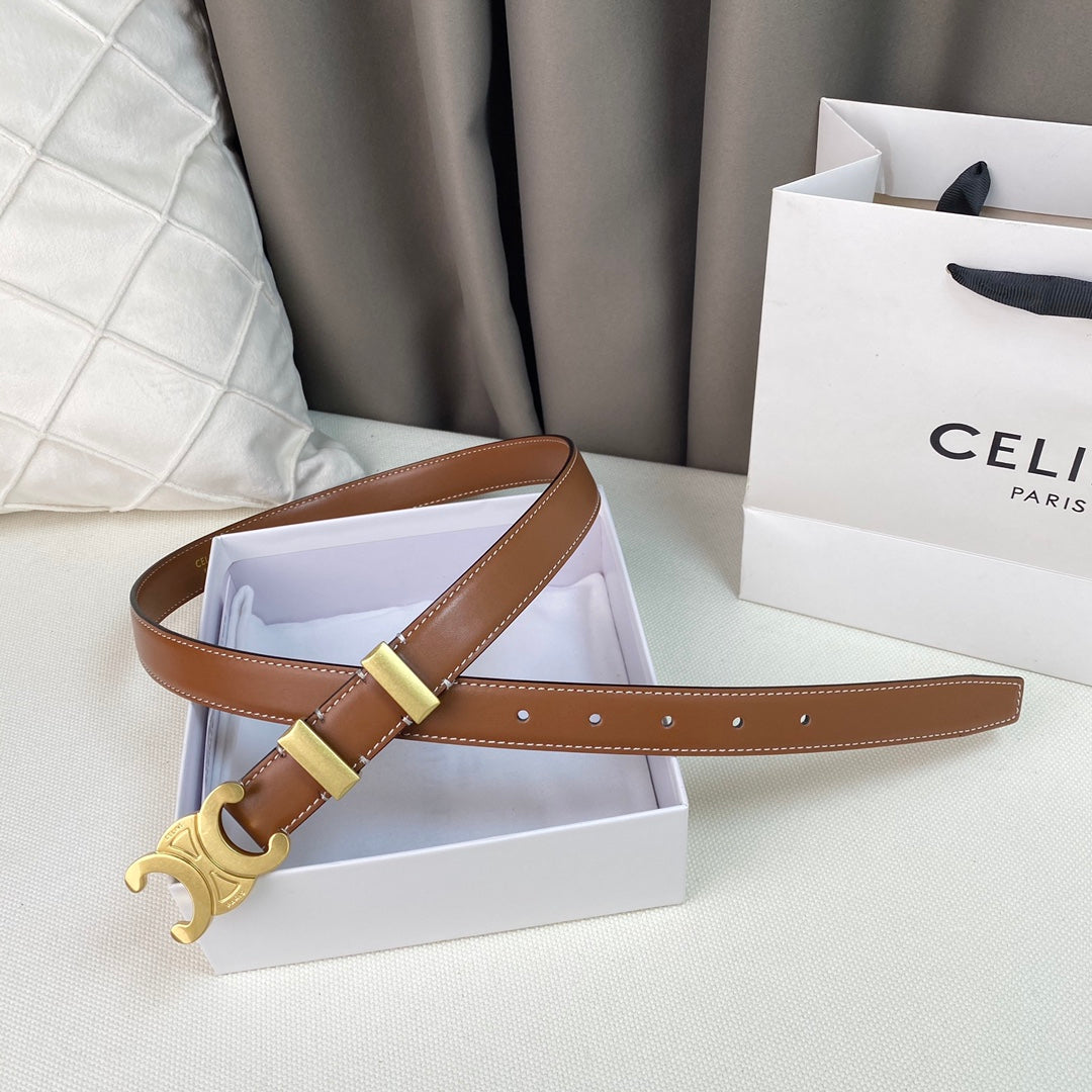 Medium Triomphe Belt 25mm Tan Calfskin Gold Loop Ghw - 30