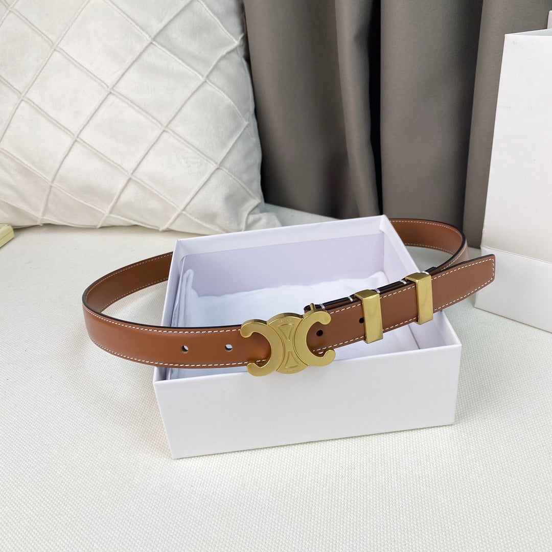 Medium Triomphe Belt 25mm Tan Calfskin Gold Loop Ghw - 30
