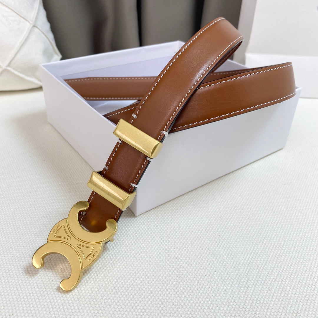 Medium Triomphe Belt 25mm Tan Calfskin Gold Loop Ghw - 30