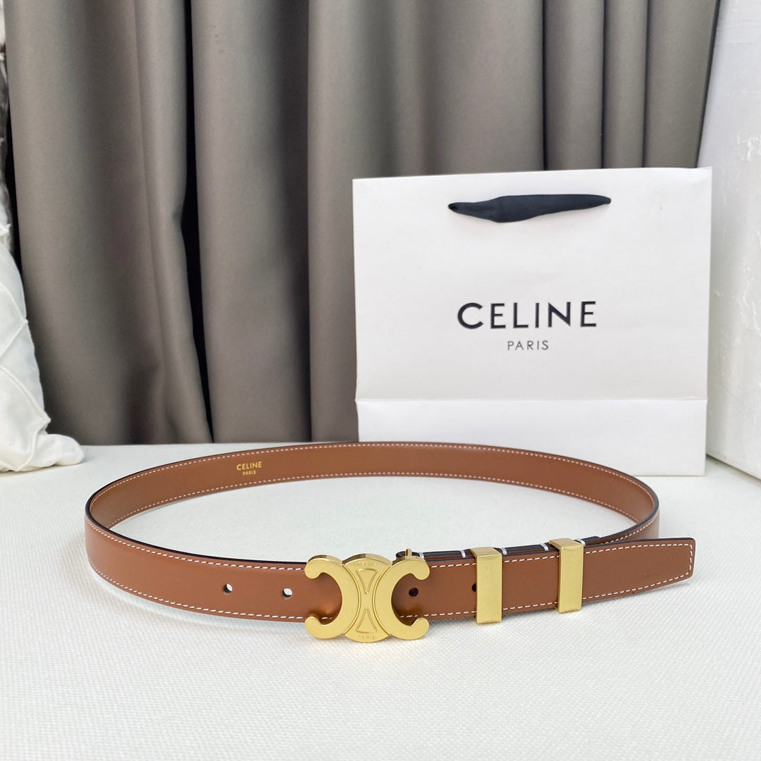 Medium Triomphe Belt 25mm Tan Calfskin Gold Loop Ghw - 30