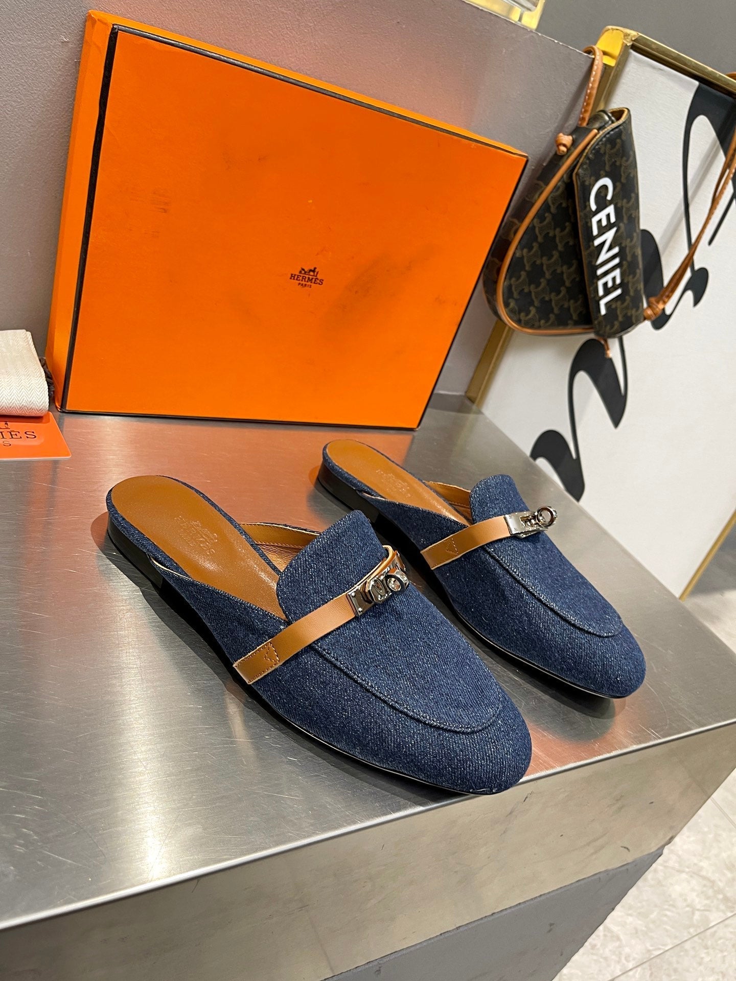 0Z MULE TAWNY AND DENIM CALFSKIN - 35