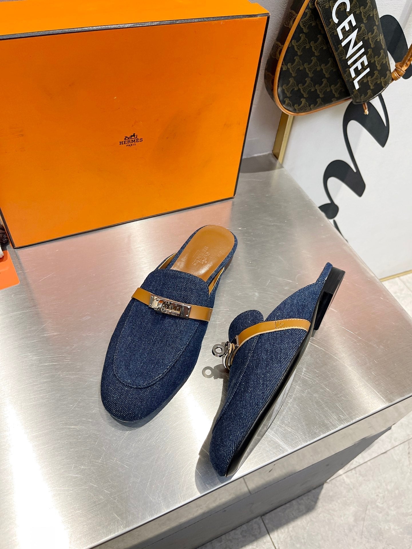 0Z MULE TAWNY AND DENIM CALFSKIN - 35