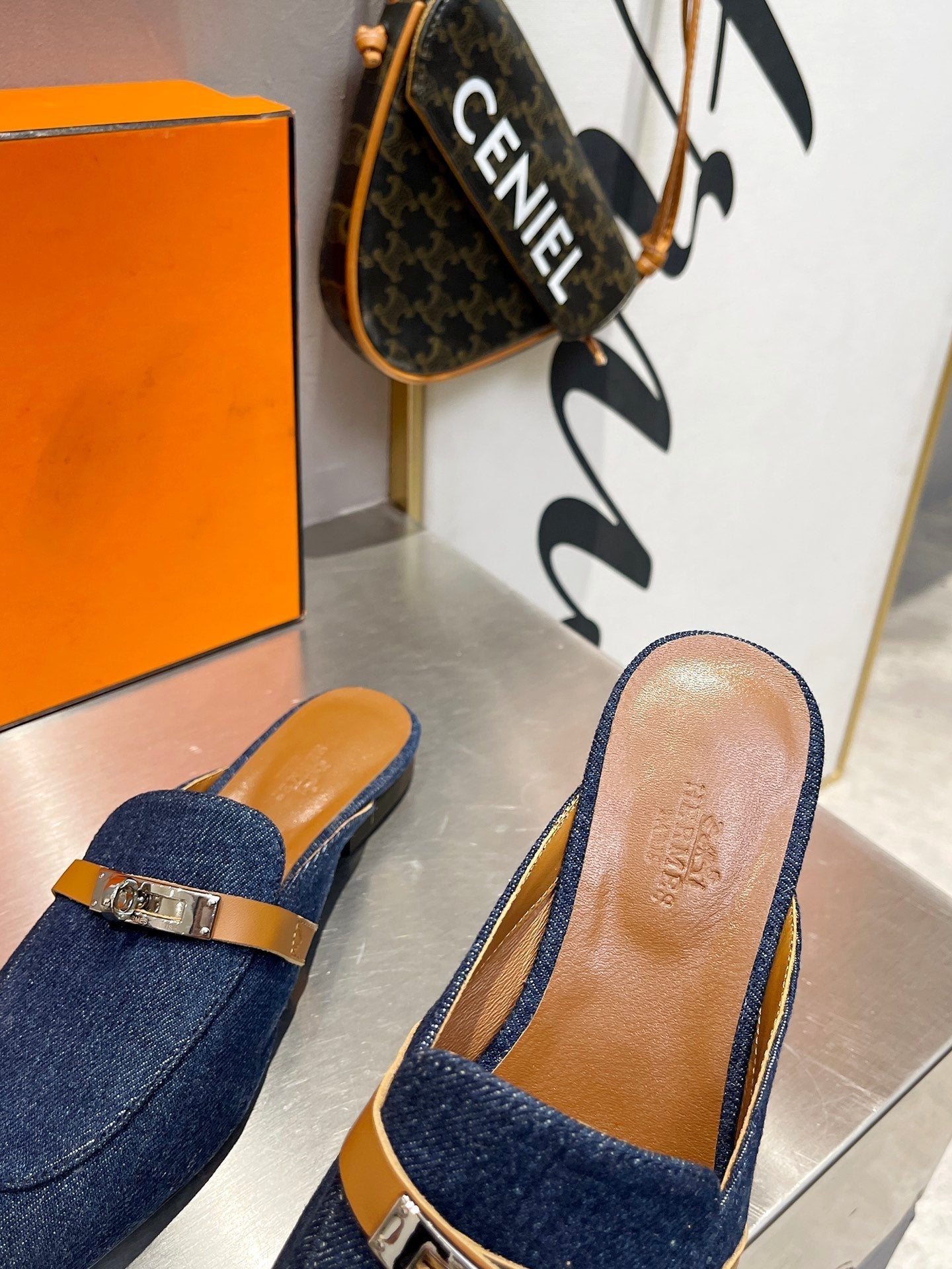 0Z MULE TAWNY AND DENIM CALFSKIN - 35