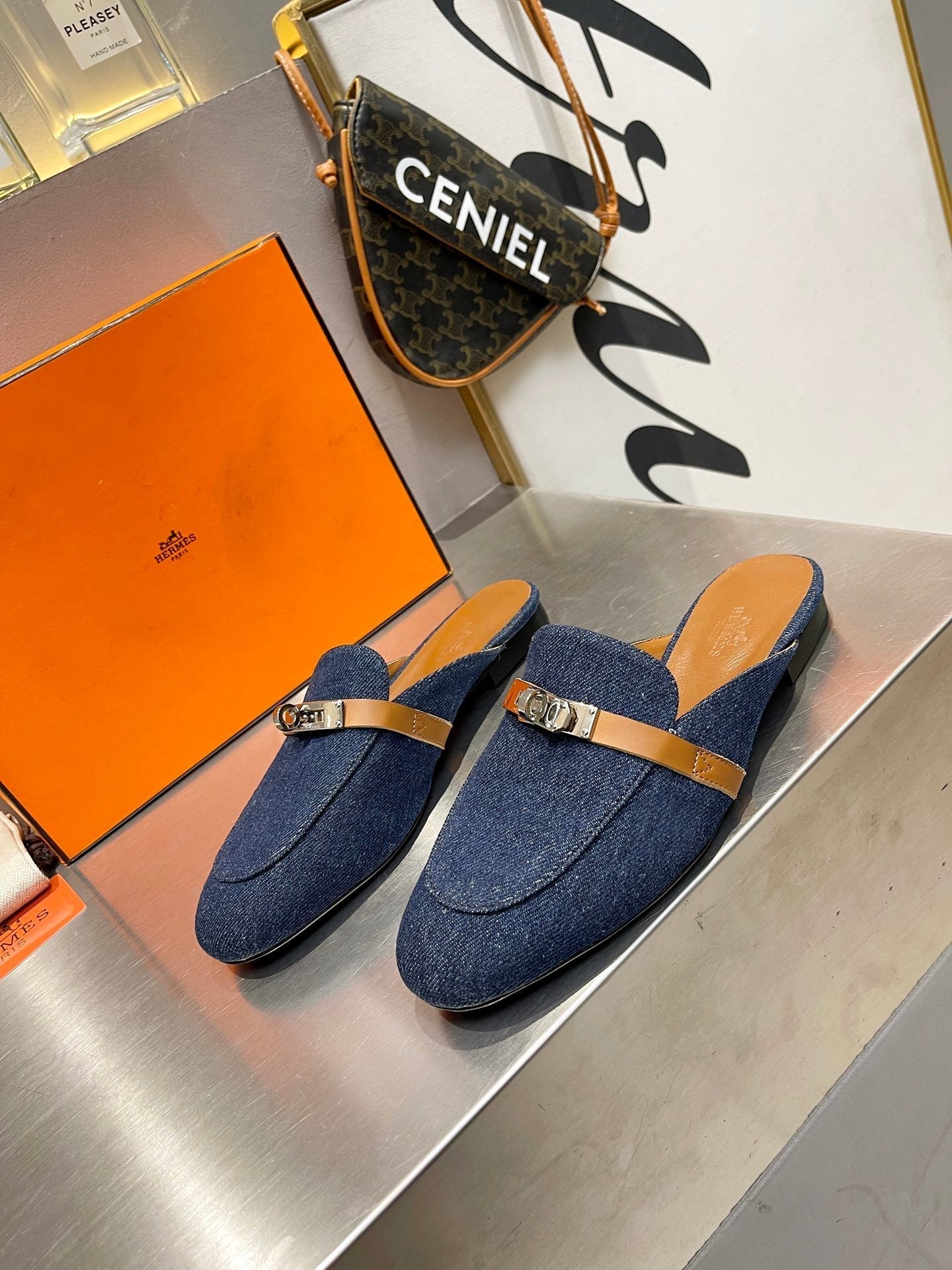 0Z MULE TAWNY AND DENIM CALFSKIN - 35