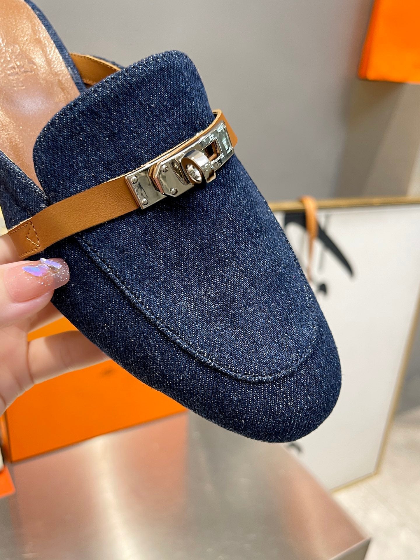 0Z MULE TAWNY AND DENIM CALFSKIN - 35