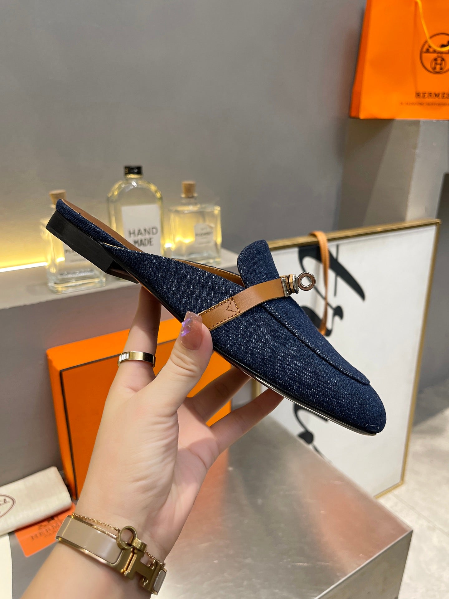 0Z MULE TAWNY AND DENIM CALFSKIN - 35