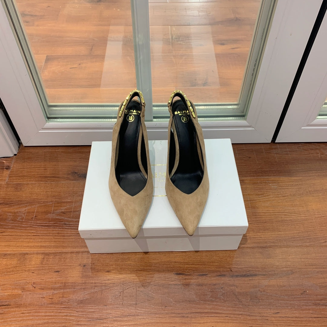 BALMAIN 26S СЛІНГБЕКИ 95 ММ ЗІ СВІТЛО-КОРИЧНЕВОЇ ЗАМШІ ІЗ ЗОЛОТОЮ ФУРНІТУРОЮ