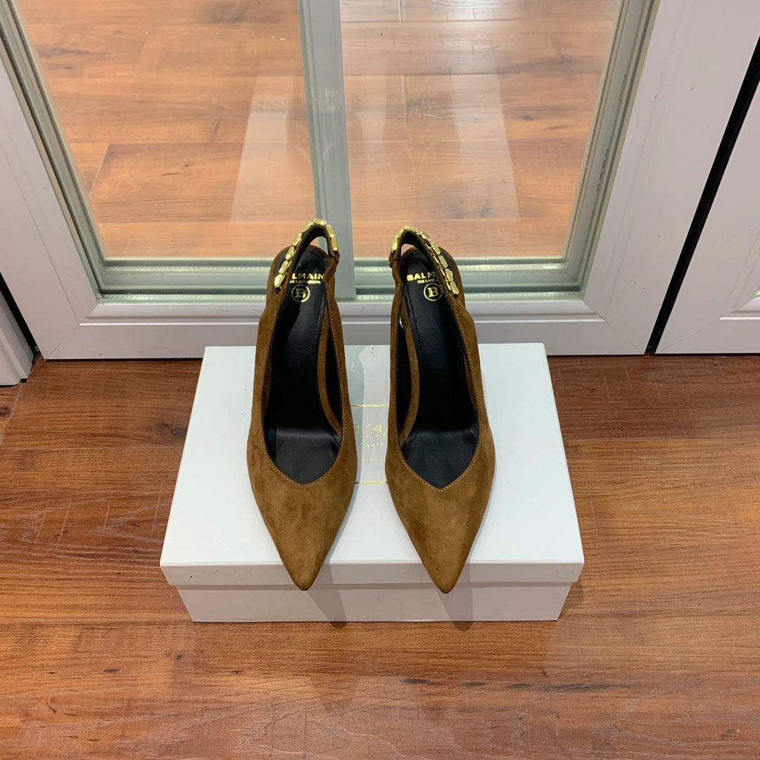 BALMAIN 26S СЛІНГБЕКИ 95 ММ З КОРИЧНЕВОЇ ЗАМШІ З ЗОЛОТИСТОЮ ФУРНІТУРОЮ