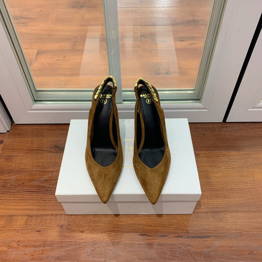 BALMAIN 26S СЛІНГБЕКИ 95 ММ З КОРИЧНЕВОЇ ЗАМШІ З ЗОЛОТИСТОЮ ФУРНІТУРОЮ