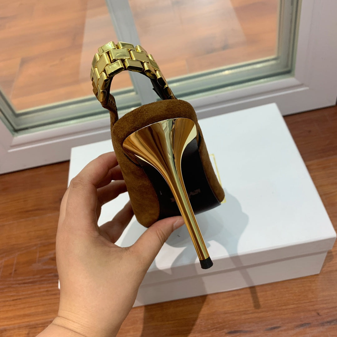 BALMAIN 26S СЛІНГБЕКИ 95 ММ З КОРИЧНЕВОЇ ЗАМШІ З ЗОЛОТИСТОЮ ФУРНІТУРОЮ