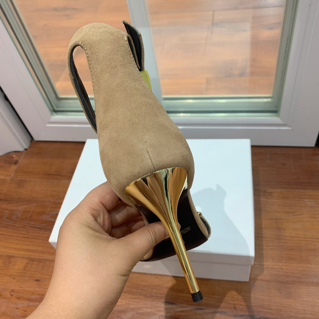 BALMAIN 25S METAL STRAP HIGH HEELS 95MM IN LIGHT BROWN SUEDE GOLD HARDWARE - 35