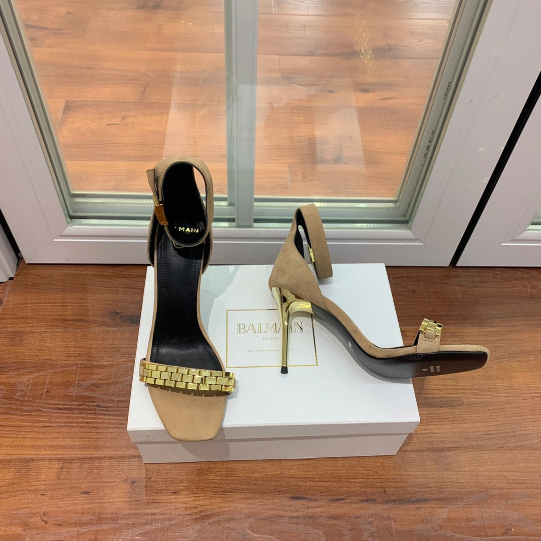 BALMAIN 25S METAL STRAP HIGH HEELS 95MM IN LIGHT BROWN SUEDE GOLD HARDWARE - 35