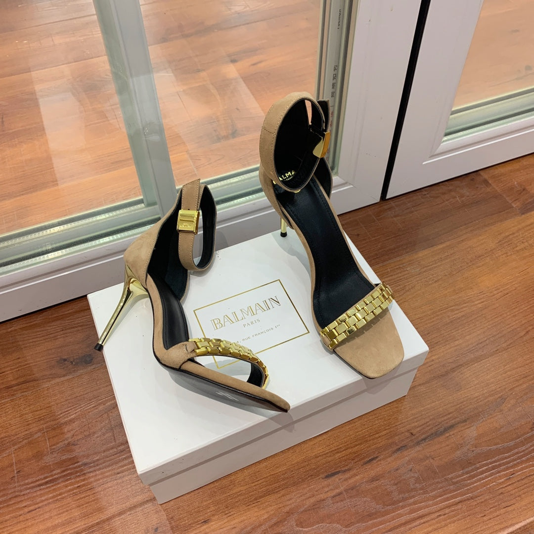 BALMAIN 25S METAL STRAP HIGH HEELS 95MM IN LIGHT BROWN SUEDE GOLD HARDWARE - 35