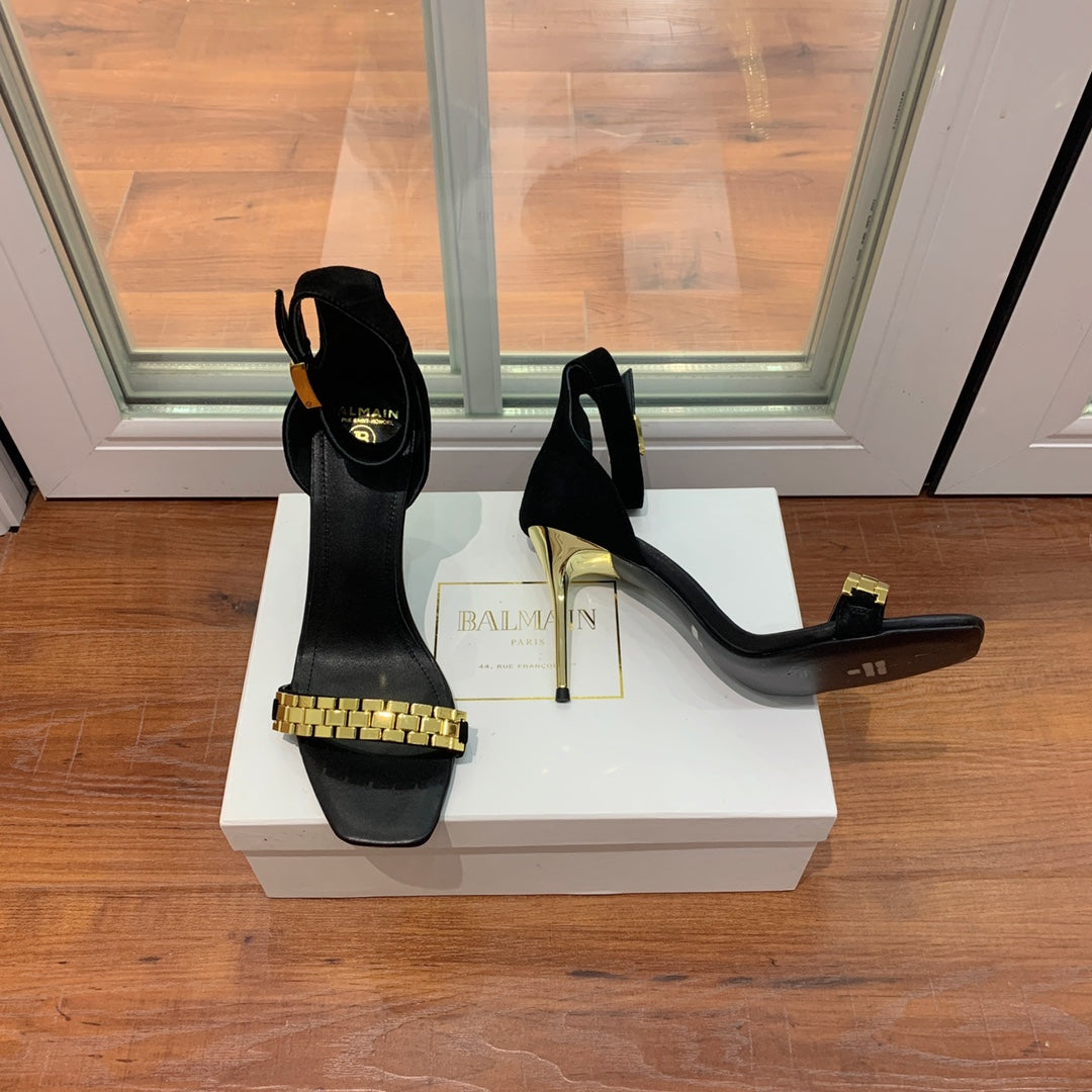BALMAIN 25S METAL STRAP HIGH HEELS 95MM IN BLACK SUEDE GOLD HARDWARE - 35