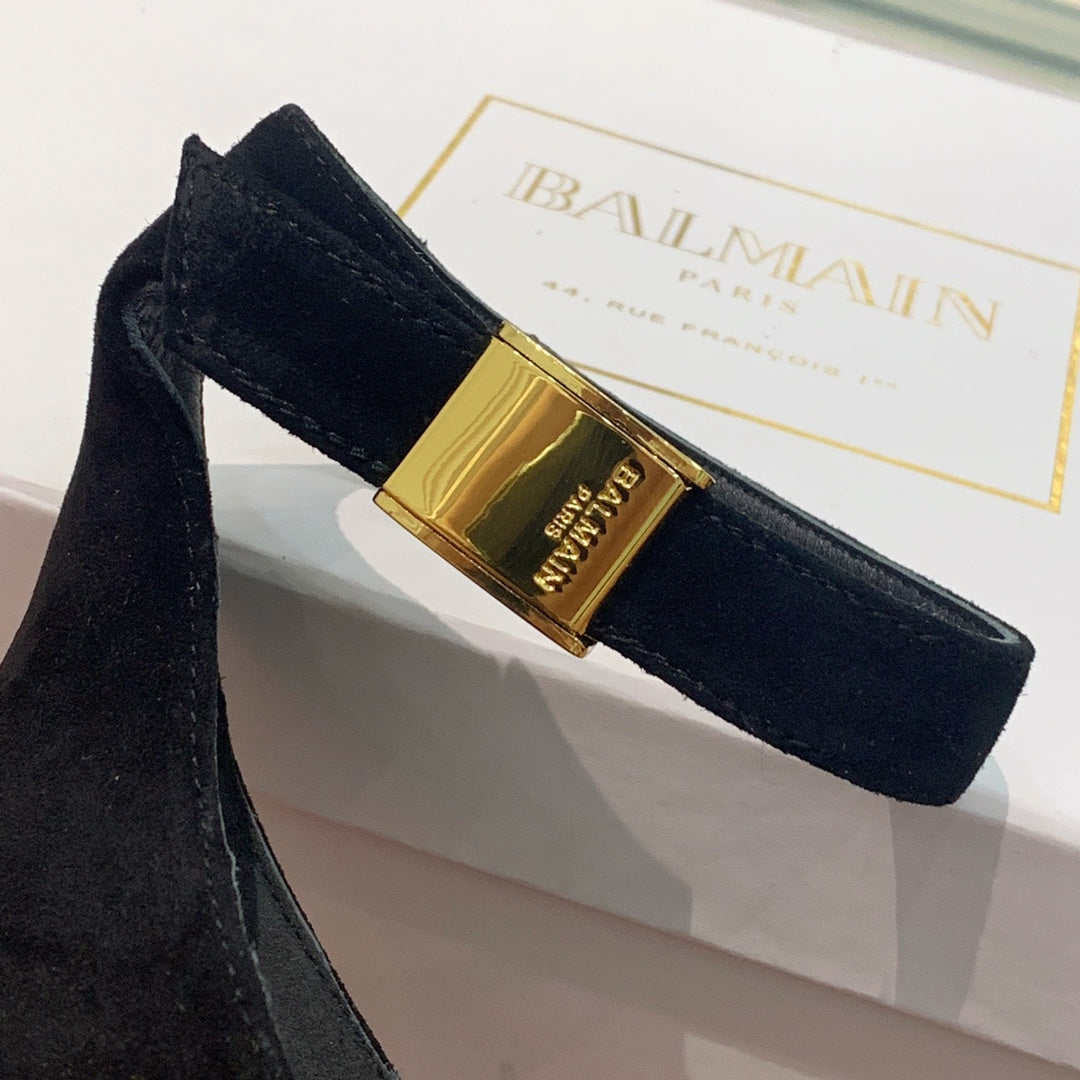 BALMAIN 25S METAL STRAP HIGH HEELS 95MM IN BLACK SUEDE GOLD HARDWARE - 35