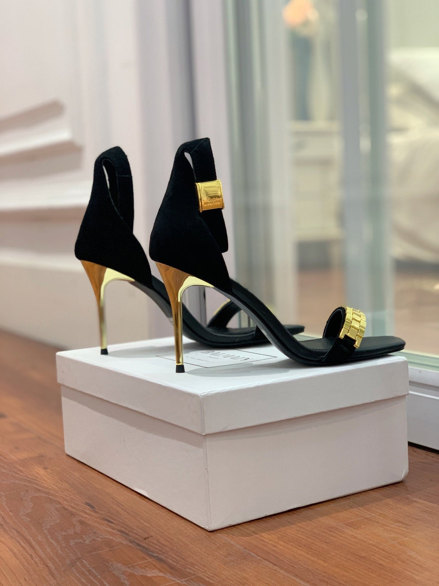 BALMAIN 25S METAL STRAP HIGH HEELS 95MM IN BLACK SUEDE GOLD HARDWARE - 35