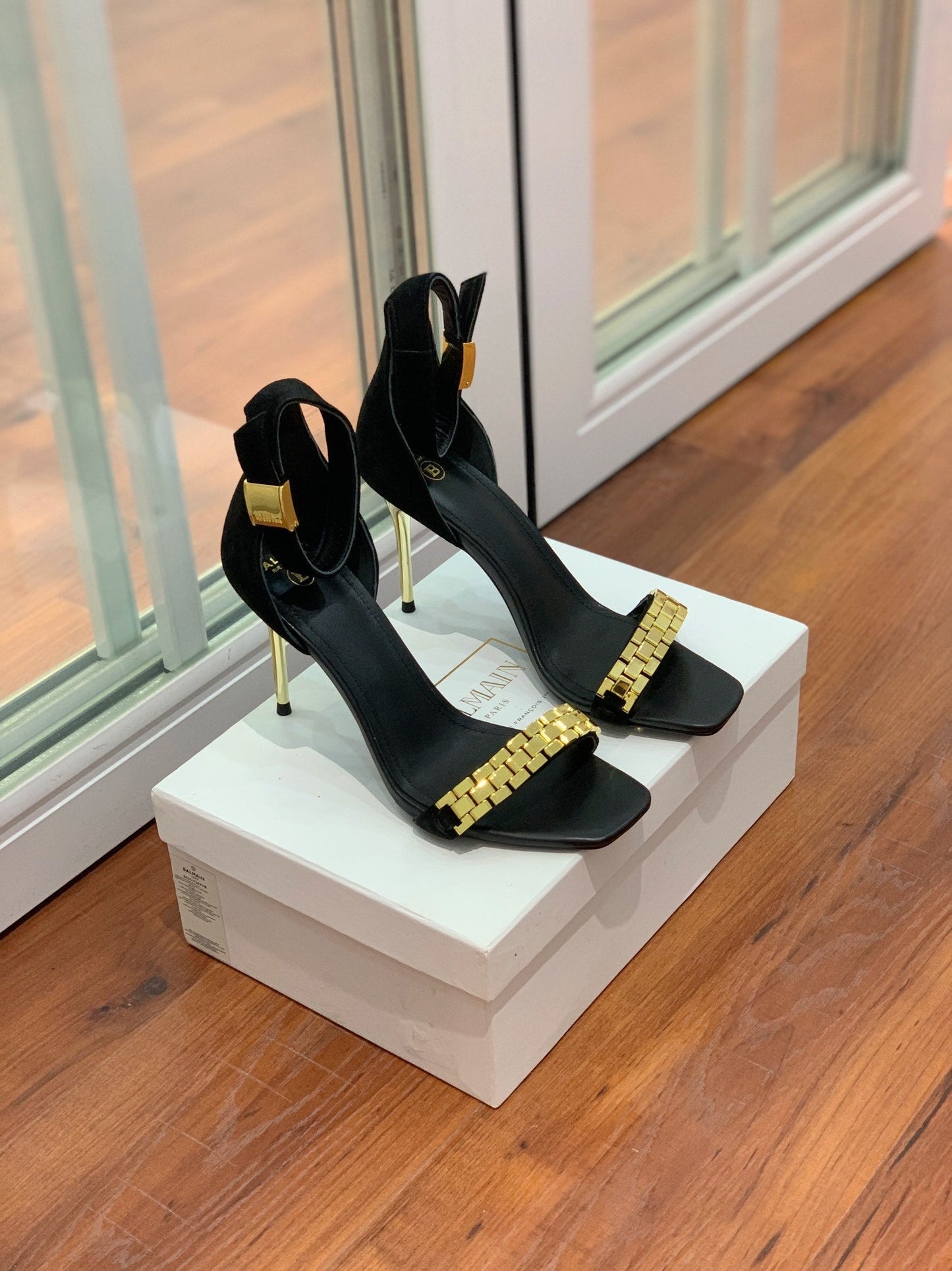 BALMAIN 25S METAL STRAP HIGH HEELS 95MM IN BLACK SUEDE GOLD HARDWARE - 35