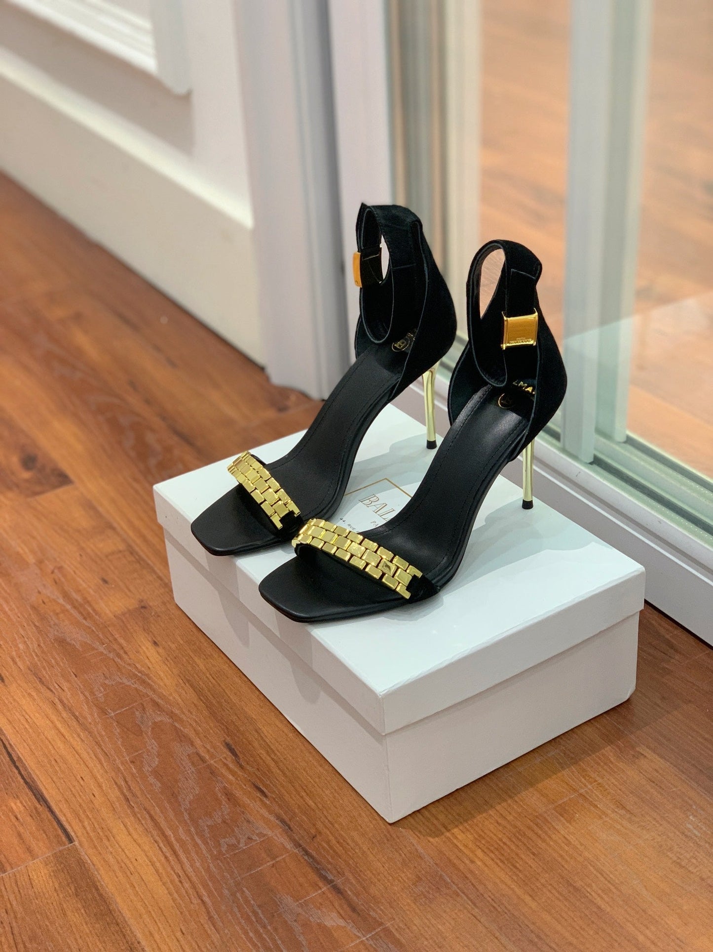 BALMAIN 25S METAL STRAP HIGH HEELS 95MM IN BLACK SUEDE GOLD HARDWARE - 35